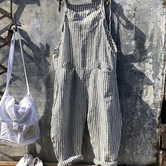 NWT Utcoco white black striped casual relaxed baggy overalls XXL - Picture 4 of 5